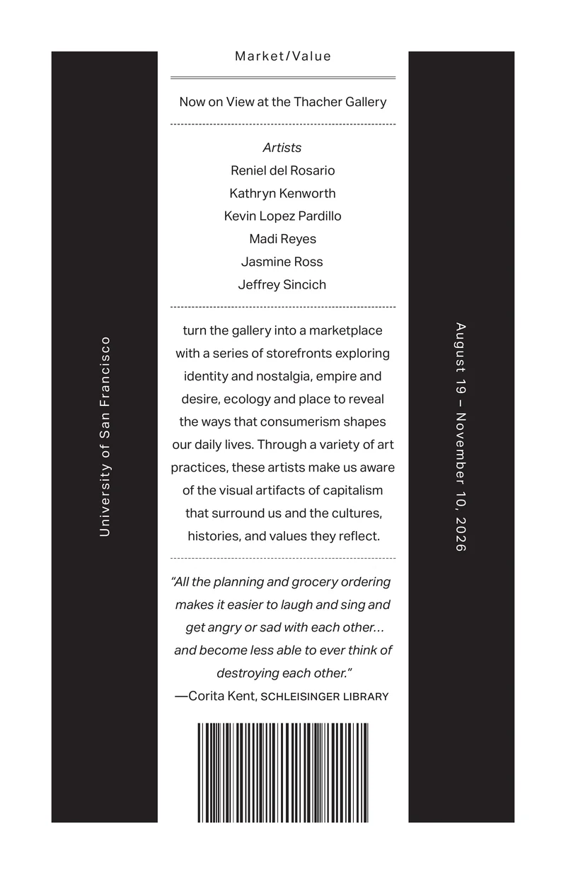 Market/Value exhibition poster: centred type between two black bars, a barcode at the foot
