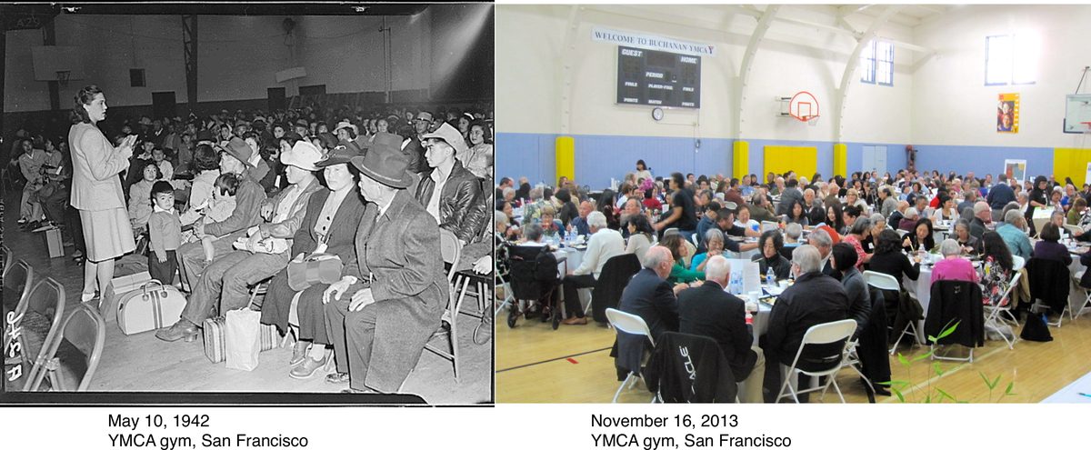 Side by side: families with suitcases seated in the gym in 1942, and the same gym full of dinner tables in 2013.