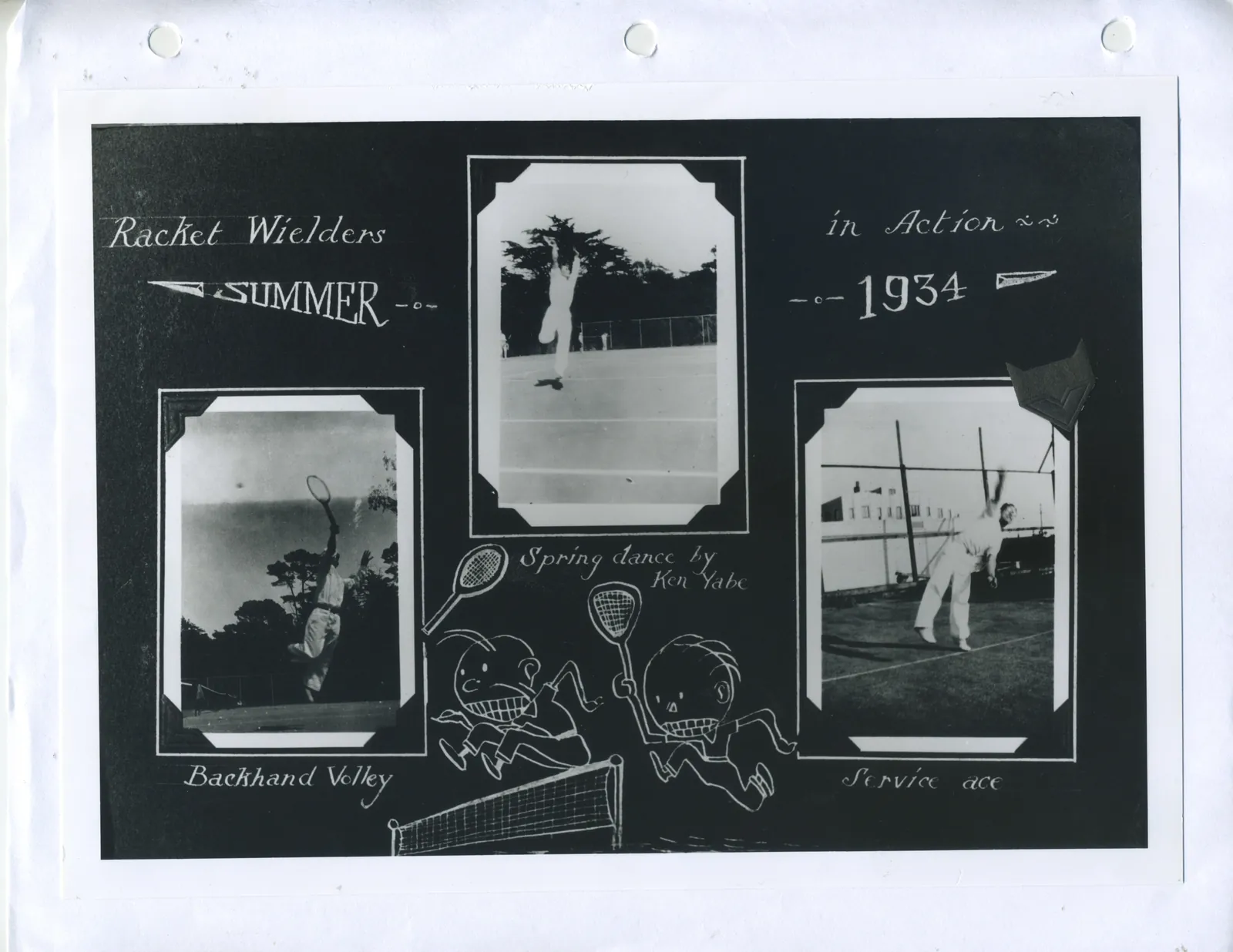 A hand-lettered album page titled “Racket Wielders in Action, Summer 1934”, with three photos of tennis players.
